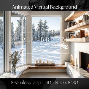 Fondo virtual animado de chimenea invernal para Zoom, Google Meet y más. Ambiente navideño acogedor, cálido ambiente invernal, acceso directo a pistas de esquí.