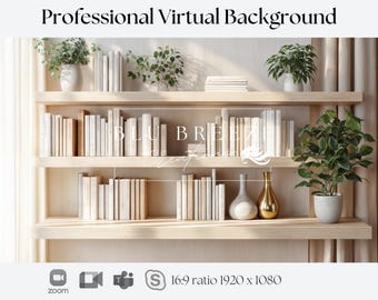 Bookshelf Virtual Background for Zoom, Natural Wood Shelves, Home Office Backdrop