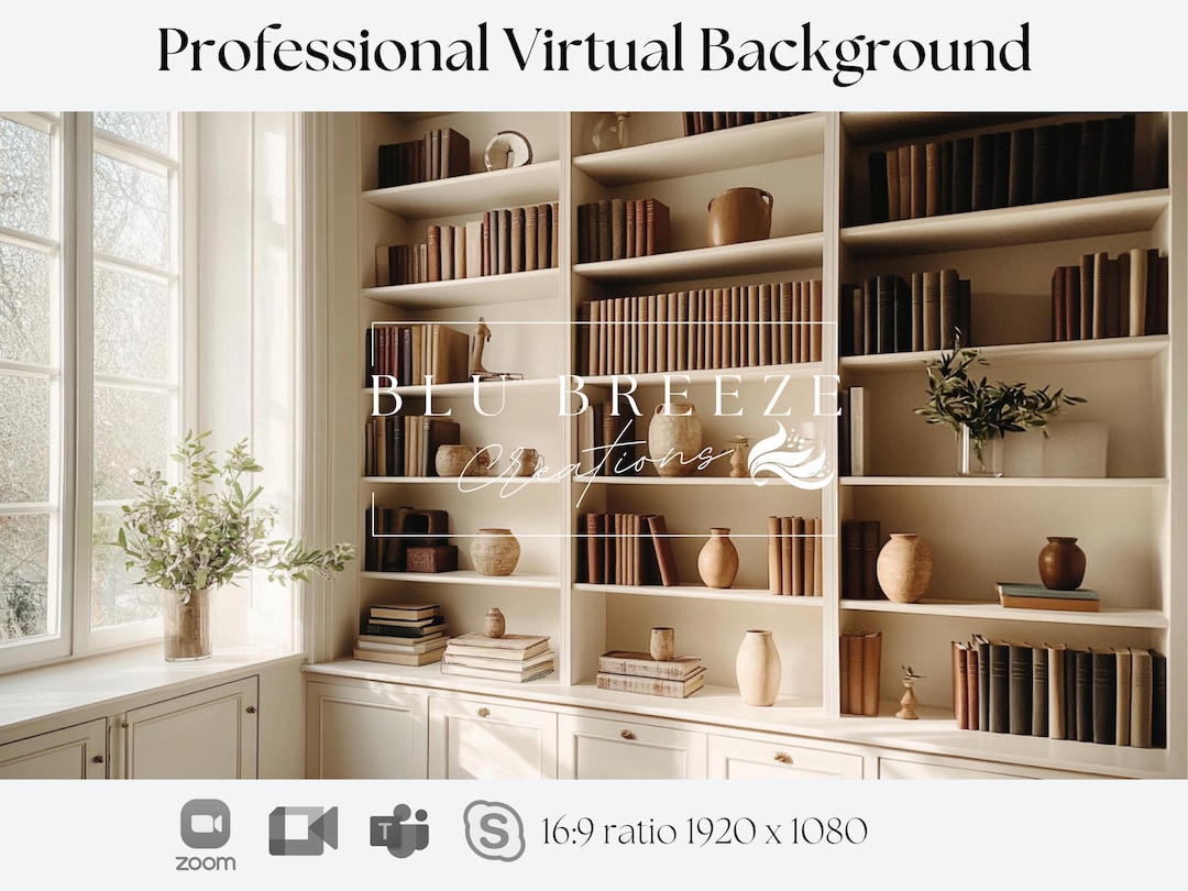 Library Bookshelf Virtual Background for Zoom, Elegant Home Office ...