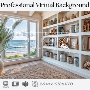 Beach House Summer Cottage Zoom-Hintergrund für virtuelle Meetings, Strand-Wohnkultur für minimalistische Home-Office-Kulisse, Meerblick