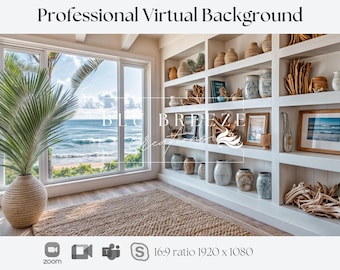 Fondo de Zoom de casa de verano en la playa para reuniones virtuales, decoración de casa de playa para un fondo minimalista de oficina en casa, vistas al mar