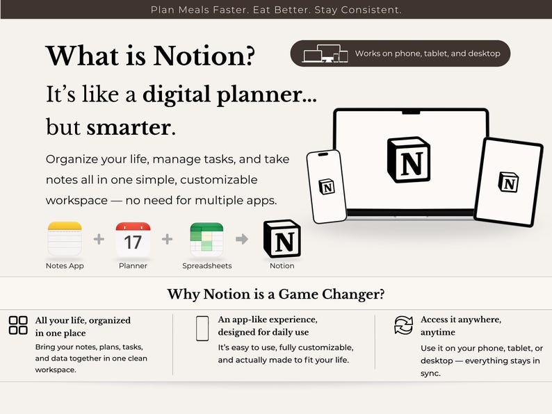 Puede incluir: Un anuncio de Notion, un planificador digital, mostrado sobre un fondo blanco. La imagen muestra una computadora port&aacute;til, una tableta y un tel&eacute;fono con el logotipo de Notion. El texto incluye "&iquest;Qu&eacute; es Notion?" y "&iquest;Por qu&eacute; Notion es un cambio de juego?"