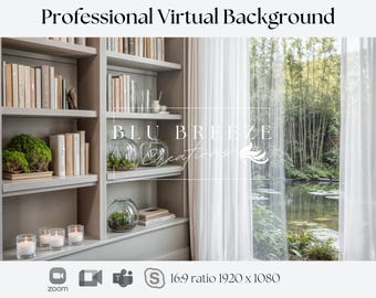 Friedlicher Teich Virtueller Bücherregal Hintergrund für Home Office | Zoom Teams WebEx skype google erfüllen | Video Call Hintergrund