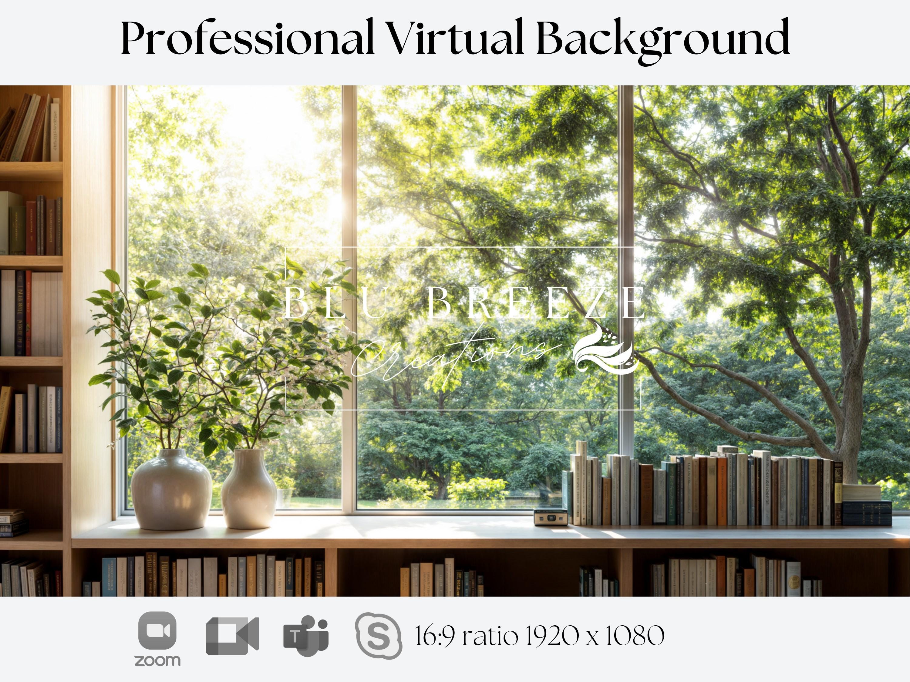 Zoom Background for a Light-Filled Home Office – Virtual Background for Google Meet, Skype, Webex with Bright Shelving