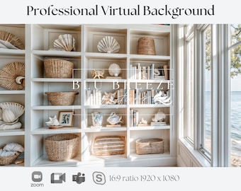 Fondo de Zoom de casa de verano en la playa para reuniones virtuales, decoración de casa de playa para un fondo minimalista de oficina en casa, vistas al mar