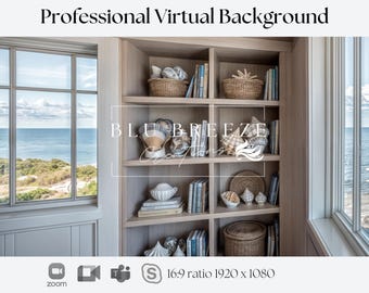 Fondo de Zoom de casa de verano en la playa para reuniones virtuales, decoración de casa de playa para un fondo minimalista de oficina en casa, vistas al mar