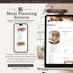 Pode incluir: Um laptop e um smartphone exibem uma interface de sistema de planejamento de refeições. A tela do laptop mostra um planejador de refeições com rastreamento nutricional. O smartphone exibe um plano de refeições com detalhes. O texto inclui "Meal Planning System".