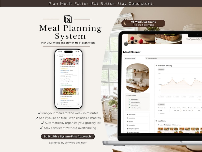 Puede incluir: Un port&aacute;til y un smartphone muestran una interfaz de sistema de planificaci&oacute;n de comidas. La pantalla del port&aacute;til muestra un planificador de comidas con seguimiento nutricional. El smartphone muestra un plan de comidas con detalles. El texto incluye "Meal Planning System".
