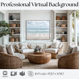 Beach House Summer Cottage Zoom Background for Virtual Meetings, Beach Home Decor for Minimalist Home Office Backdrop, Ocean Views