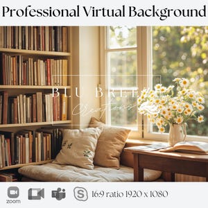 Professional Zoom Virtual Background | Natural Light Office with Books