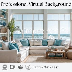 Beach House Summer Cottage Zoom Background for Virtual Meetings, Beach Home Decor for Minimalist Home Office Backdrop, Ocean Views
