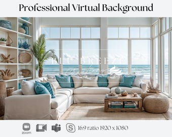 Fondo de Zoom de casa de verano en la playa para reuniones virtuales, decoración de casa de playa para un fondo minimalista de oficina en casa, vistas al mar