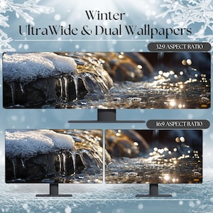 High-Resolution Winter Water Stream Wallpaper - For Ultrawide and Dual Monitors - Windows and Mac Desktop Backgrounds - 32x9 and 16x9