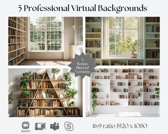5 Clean Bookshelf Virtual Backgrounds | Compatible with Zoom, Teams, WebEx, Skype, Google Meet | Backdrop for Video Calls