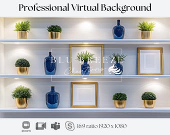 Blue and Gold Decor Zoom Background with Recessed Lighting - Virtual Background for Zoom Google Meet Microsoft Teams and Video Calls