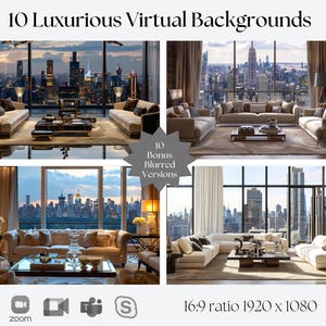 10 Luxurious City Living Room Virtual Backgrounds | Compatible with Zoom, Teams, Skype, Google Meet | Backdrop for Video Calls
