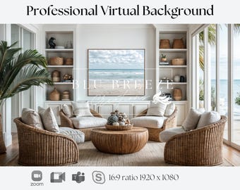 Fondo de Zoom de casa de verano en la playa para reuniones virtuales, decoración de casa de playa para un fondo minimalista de oficina en casa, vistas al mar