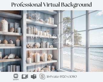 Fondo de Zoom de casa de verano en la playa para reuniones virtuales, decoración de casa de playa para un fondo minimalista de oficina en casa, vistas al mar