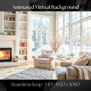 Animated Clean Winter Living Room Fireplace Virtual Background for Zoom, Google Meet & More | Cozy Holiday Setting | Warm Winter Ambience