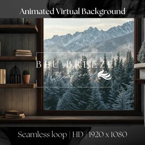 Animierte Winterwald Baumspitze und Kamin Virtueller Hintergrund für Zoom, Google Let & More | Warme Winter Kulisse