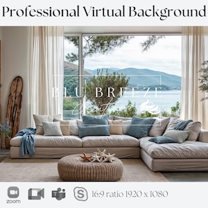 Beach House Summer Cottage Zoom Background for Virtual Meetings, Beach Home Decor for Minimalist Home Office Backdrop, Ocean Views