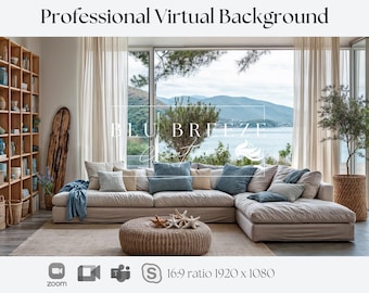 Fondo de Zoom de casa de verano en la playa para reuniones virtuales, decoración de casa de playa para un fondo minimalista de oficina en casa, vistas al mar