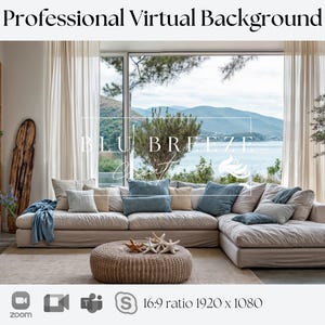Beach House Summer Cottage Zoom Background for Virtual Meetings, Beach Home Decor for Minimalist Home Office Backdrop, Ocean Views