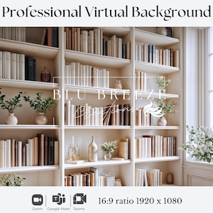 May include: A virtual background image showing a white bookcase filled with books of different sizes and colours. Decorative vases and plants are placed on the shelves. The text "Professional Virtual Background" and "BLU BREEZE" are displayed at the top. The image is 1920 x 1080 pixels.
