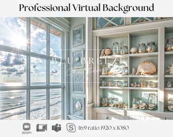 Fondo de Zoom de casa de verano en la playa para reuniones virtuales, decoración de casa de playa para un fondo minimalista de oficina en casa, vistas al mar