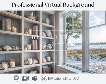 Fondo de Zoom de casa de verano en la playa para reuniones virtuales, decoración de casa de playa para un fondo minimalista de oficina en casa, vistas al mar