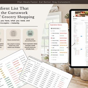 Puede incluir: Una lista digital de ingredientes en una tableta y un tel&eacute;fono, con el texto "Ingredient List That Takes the Guesswork Out of Grocery Shopping". La pantalla muestra el inventario, las fechas de caducidad y una lista de ingredientes.