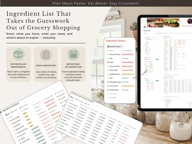 Puede incluir: Una lista digital de ingredientes en una tableta y un tel&eacute;fono, con el texto "Ingredient List That Takes the Guesswork Out of Grocery Shopping". La pantalla muestra el inventario, las fechas de caducidad y una lista de ingredientes.