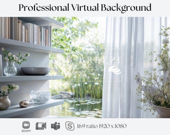 Summer Pond Virtual Bookshelf Background for Home Office | Zoom Teams WebEx Skype Google Meet | Video Call Backdrop