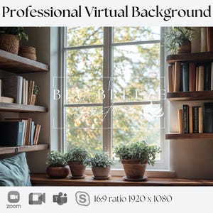 Google Meet, Zoom, Teams, and More Virtual Background | Reading Nook with Plants and Shelves