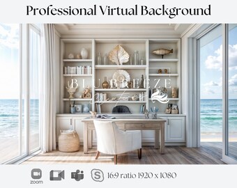 Fondo de Zoom de casa de verano en la playa para reuniones virtuales, decoración de casa de playa para un fondo minimalista de oficina en casa, vistas al mar