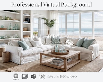 Fondo de Zoom de casa de verano en la playa para reuniones virtuales, decoración de casa de playa para un fondo minimalista de oficina en casa, vistas al mar