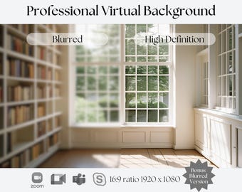 Virtual Bookshelf Background | Large Window with Natural Light | Zoom, Teams, Skype | Video Call Backdrop