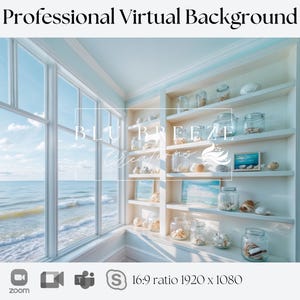 Beach House Summer Cottage Zoom Background for Virtual Meetings, Beach Home Decor for Minimalist Home Office Backdrop, Ocean Views