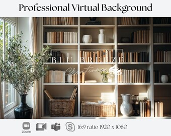 Cozy Bookshelf Virtual Background for Zoom, Professional Home Office Backdrop