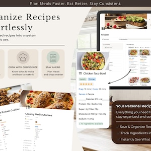 Puede incluir: Imagen que promociona un sistema de organizaci&oacute;n de recetas. La imagen muestra una tableta que muestra recetas, tarjetas de recetas e iconos. El texto incluye "Organiza recetas sin esfuerzo" y "Tu sistema personal de recetas."