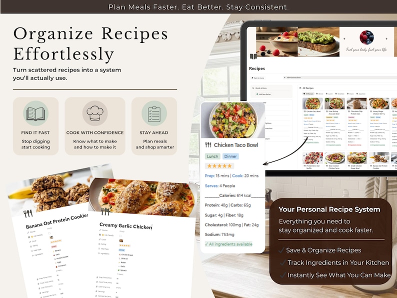 Puede incluir: Imagen que promociona un sistema de organizaci&oacute;n de recetas. La imagen muestra una tableta que muestra recetas, tarjetas de recetas e iconos. El texto incluye "Organiza recetas sin esfuerzo" y "Tu sistema personal de recetas."