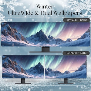 Tapeta z zimową zorzą polarną w wysokiej rozdzielczości na dwa ultraszerokie monitory 32x9 i 16x9, tła pulpitu Windows Mac