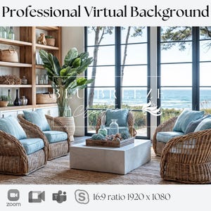 Beach House Summer Cottage Zoom Background for Virtual Meetings, Beach Home Decor for Minimalist Home Office Backdrop, Ocean Views