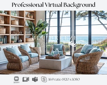 Fondo de Zoom de casa de verano en la playa para reuniones virtuales, decoración de casa de playa para un fondo minimalista de oficina en casa, vistas al mar