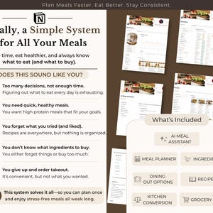 Puede incluir: Un sistema digital de planificaci&oacute;n de comidas con el texto "Finalmente, un sistema simple para todas tus comidas". La imagen incluye una lista de funciones, como un asistente de comidas con IA, un planificador de comidas y una lista de compras.