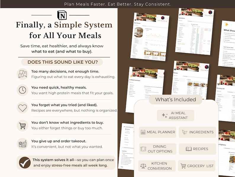 Puede incluir: Un sistema digital de planificaci&oacute;n de comidas con el texto "Finalmente, un sistema simple para todas tus comidas". La imagen incluye una lista de funciones, como un asistente de comidas con IA, un planificador de comidas y una lista de compras.