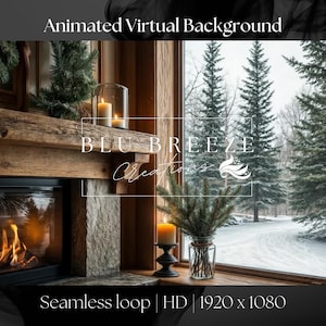 Animated Snowy Winter Fireplace Virtual Background for Zoom, Google Meet & More | Cozy Holiday Setting | Cozy Winter Background | Snowy Tree