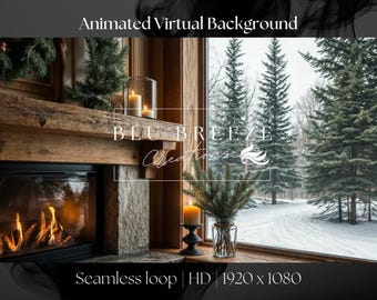 Animated Snowy Winter Fireplace Virtual Background for Zoom, Google Meet & More | Cozy Holiday Setting | Cozy Winter Background | Snowy Tree