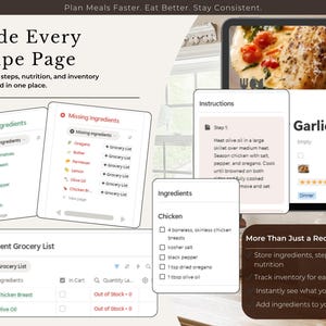 Puede incluir: Una p&aacute;gina de recetas digital con el texto "Inside Every Recipe Page". La p&aacute;gina muestra los ingredientes disponibles y faltantes, las instrucciones y una lista de compras actual. La receta es para pollo al ajillo, con una lista de ingredientes y pasos.