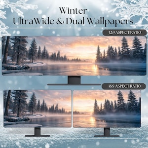 Snowy Winter Wallpaper for Ultrawide and Dual Monitors - High Resolution Desktop Backgrounds for Windows and Mac  32x9 and 16x9  Sunset